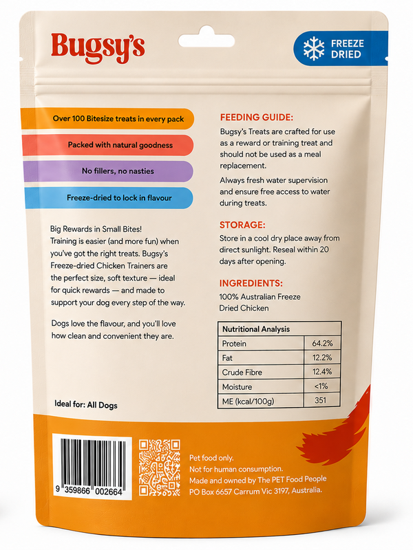 Bugsy's Freeze-Dried Chicken Trainers 70g back packaging