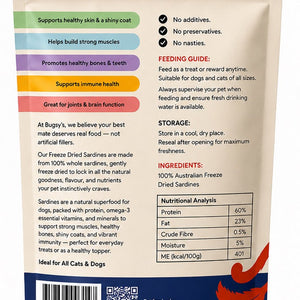 Bugsy's Freeze-Dried Sardines 70g back packaging