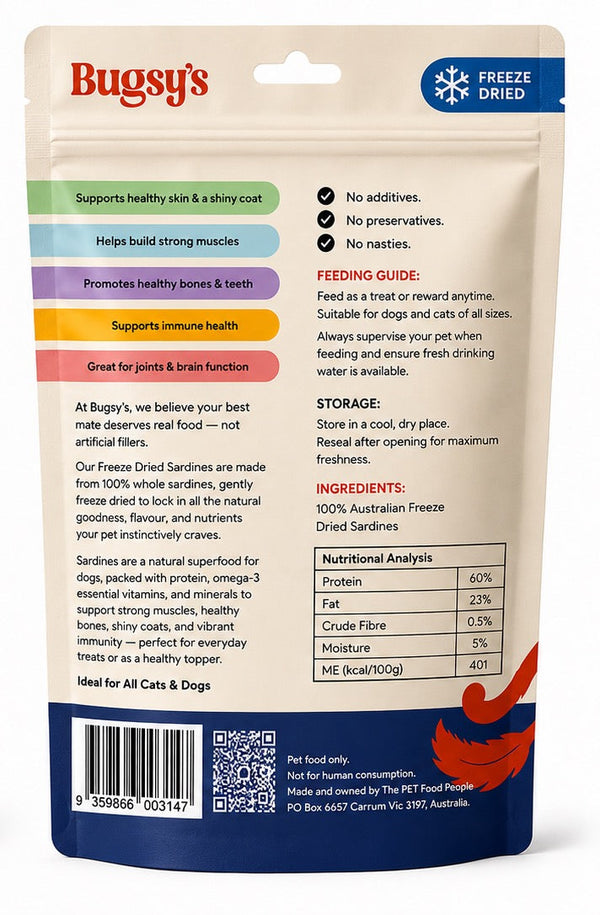 Bugsy's Freeze-Dried Sardines 70g back packaging