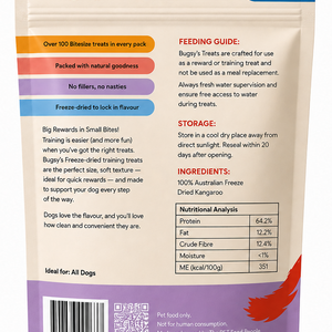 Bugsy's Roo Trainers Freeze Dried Kangaroo Treats 70g back of bag