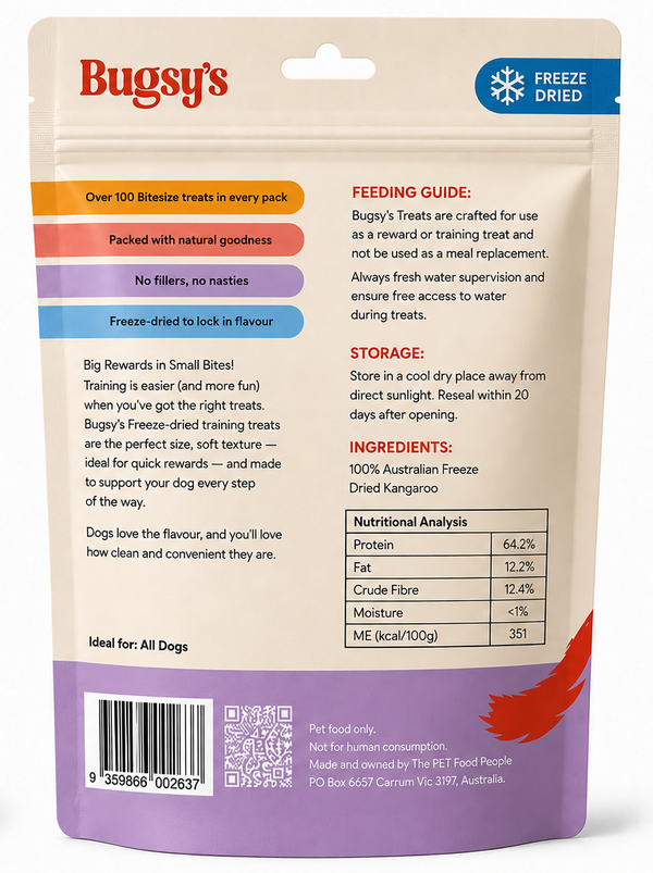 Bugsy's Roo Trainers Freeze Dried Kangaroo Treats 70g back of bag