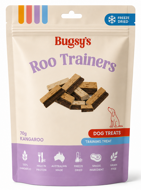 Bugsy's Roo Trainers Freeze Dried Kangaroo Treats 70g front of bag