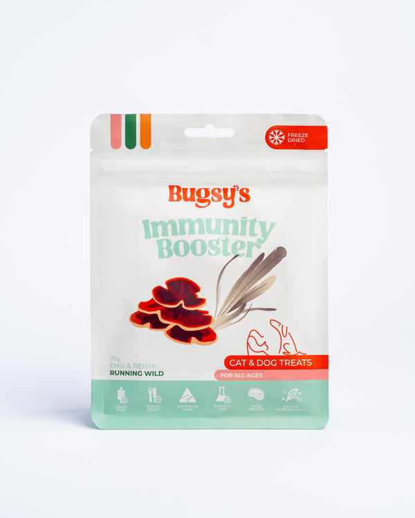 Bugsy's Running Wild Emu & Reishi Freeze-Dried Treats 70g front packaging