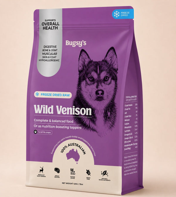 Bugsy's Freeze-Dried Venison Dog Food 425g bag